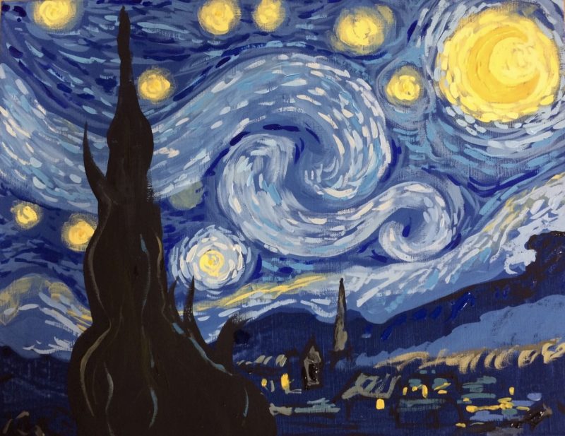 【シンデレラ城】✨ゴッホ星月夜 風  肉筆で書いた絵画  アクリル画  （原画）